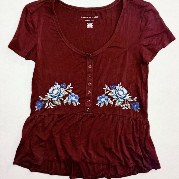 American Eagle Outfitters Tops - American Eagle Outfitters Burgundy Top with Blue Floral Embroidery- Size XS